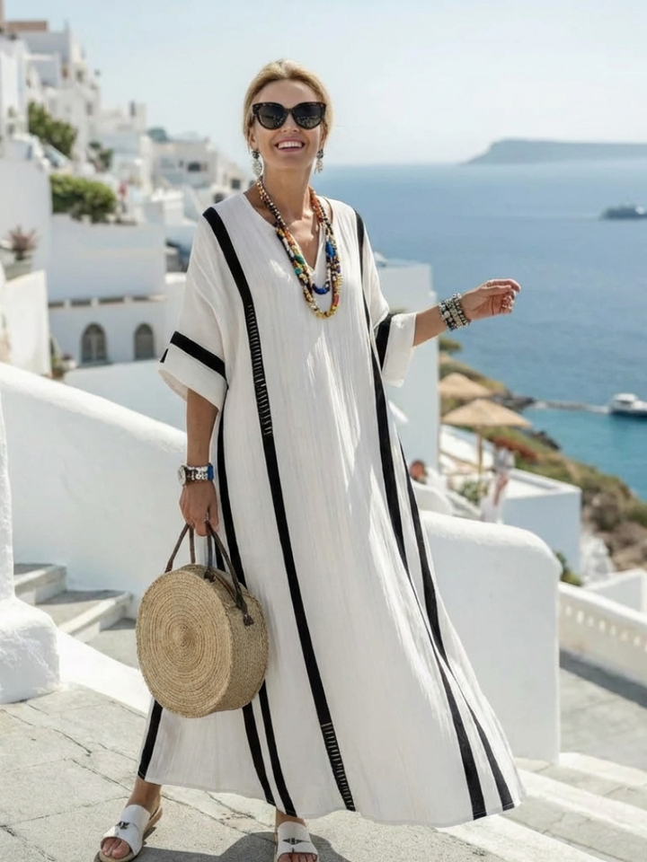 Elvienne - Vestido Maxi Listrado Bicolor