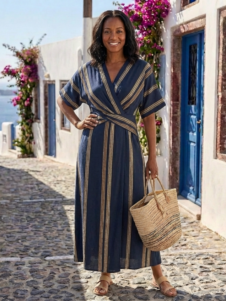Saphira - Vestido Midi Listrado Envolvente