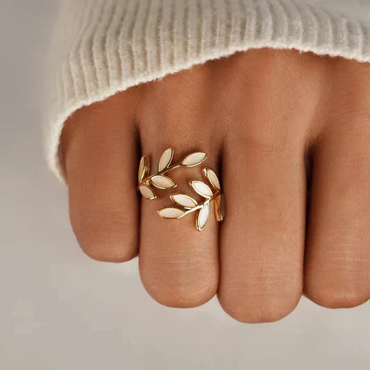 Pure - White Opal Leaf Adjustable Ring