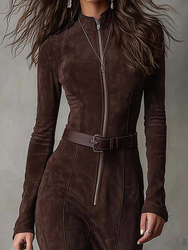 Samanta | Brown Vintage Long Dress with Belt