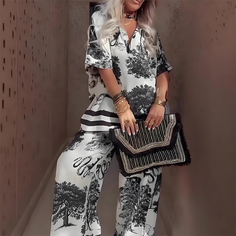 Ensia - Printed Top with V-Neck + Long Pants